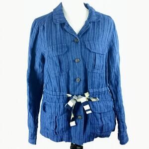 The Korner Anthropologie Striped Linen Utility Jacket Blue Women Small Belted